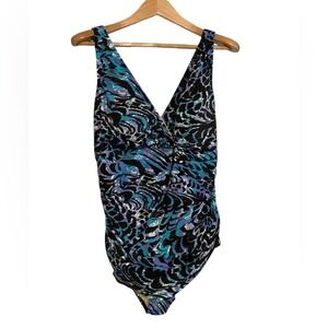 Miraclesuit Black‎ and Aqua Print One Piece Bathing Suit M